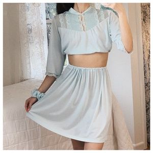 Vintage 1960's Blue Skirt Scrunchie Crop Top Set